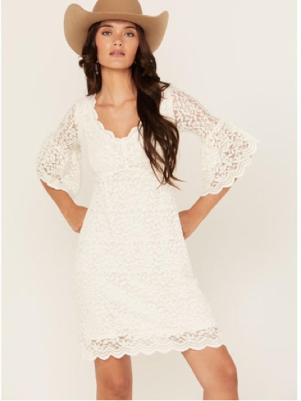 Shyanne White Lace Bell Sleeve Mini Dress Scalloped V Neck M